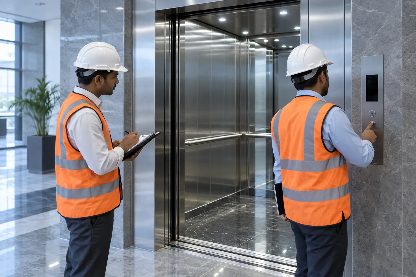 Engineers inspecting an elevator installation