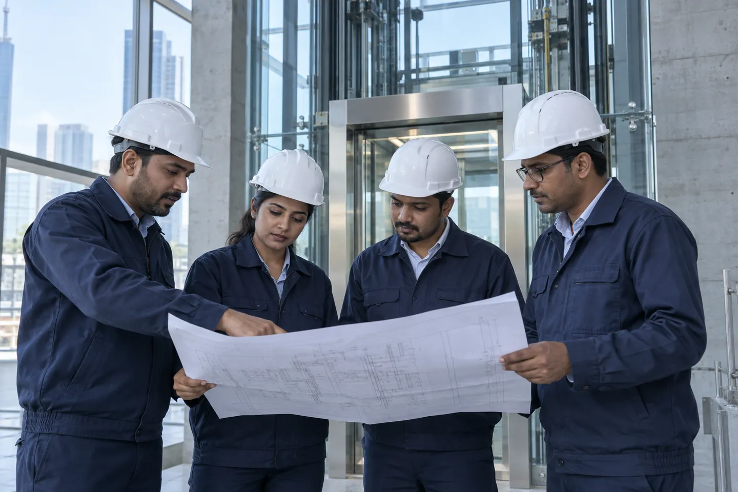 Elevator engineering team reviewing a plan