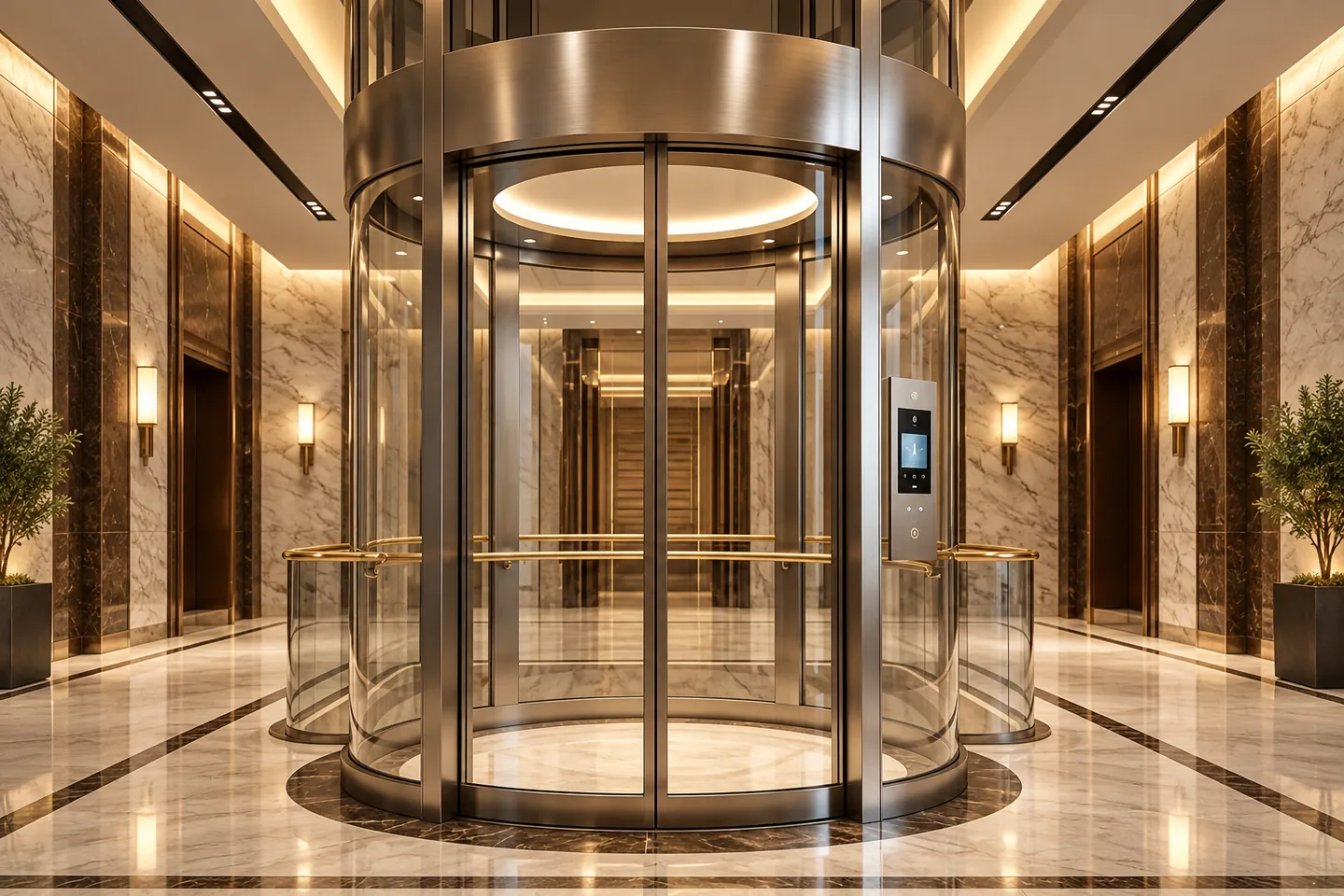 A cylindrical glass elevator in a luxury interior